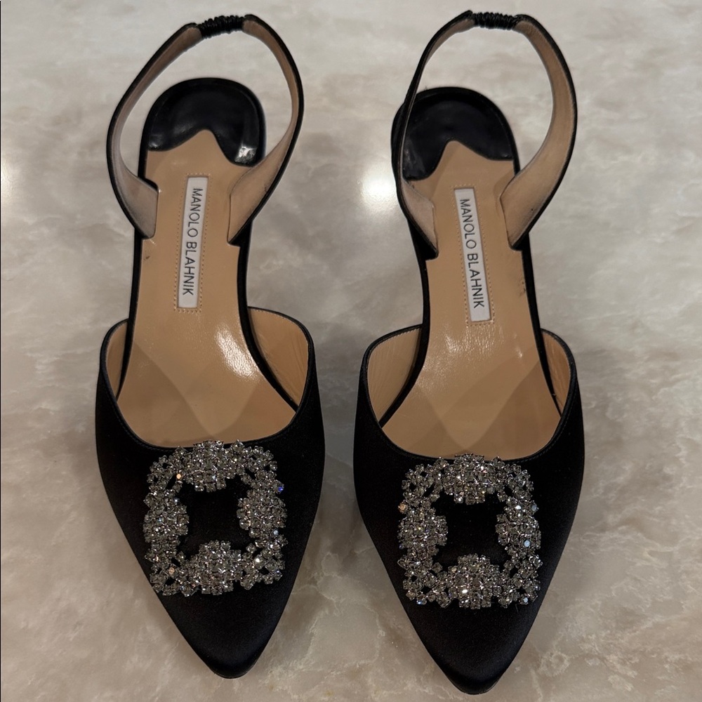 Manolo Blahnik Black Satin Heels with Crystal Embellishments